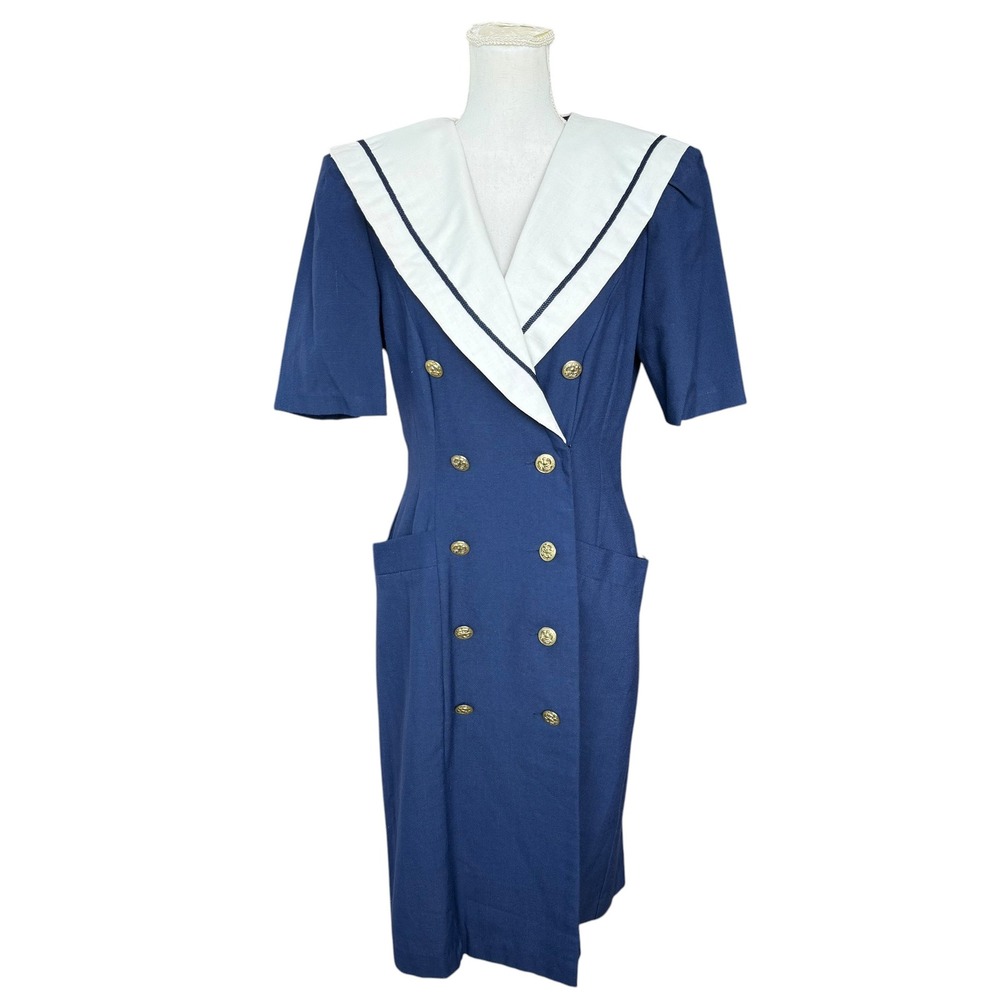 Vintage Sunshine Starshine Navy Sailor Midi‎ Dress Gold Buttons Women Size 10